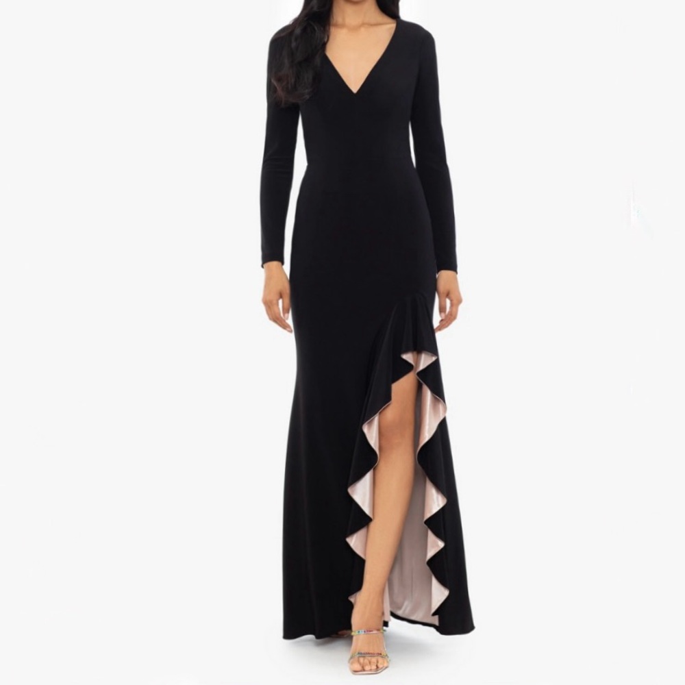 New Xscape Trudy Velvet Long Sleeve Ruffle V-Neck Evening Dress Size 14